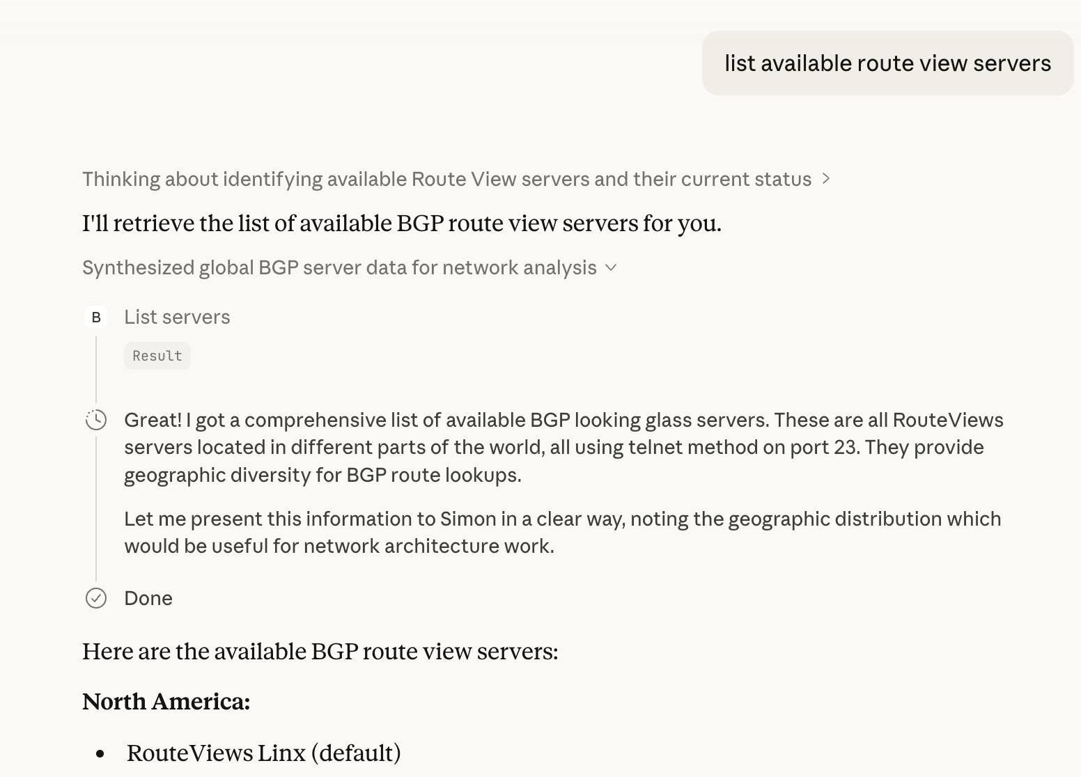 Screenshot showing BGP route view servers being retrieved