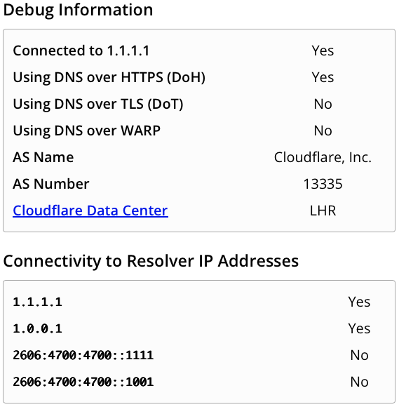 Cloudflare test page showing DoH and DoT support