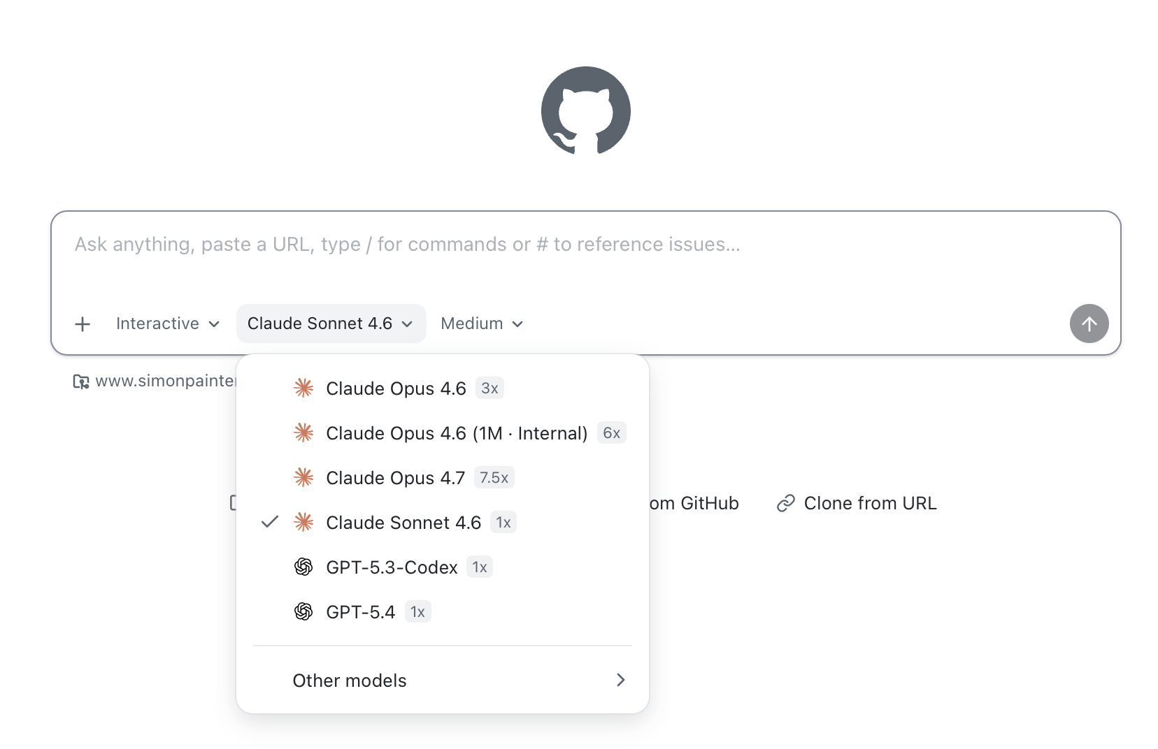 The GitHub Copilot model picker showing Claude and GPT options