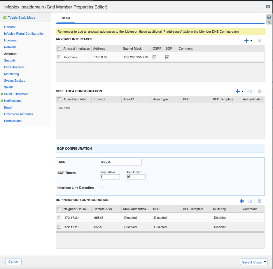 Anycast IP Address Configuration