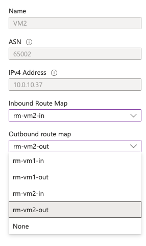 Azure portal peer configuration showing inbound and outbound route map dropdowns with rm-vm1-in, rm-vm1-out, rm-vm2-in and rm-vm2-out available and applied