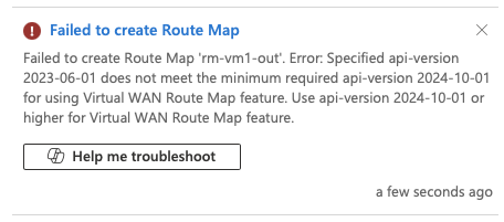Azure portal error notification when creating route map 'rm-vm1-out', reporting an API version mismatch and failing the request