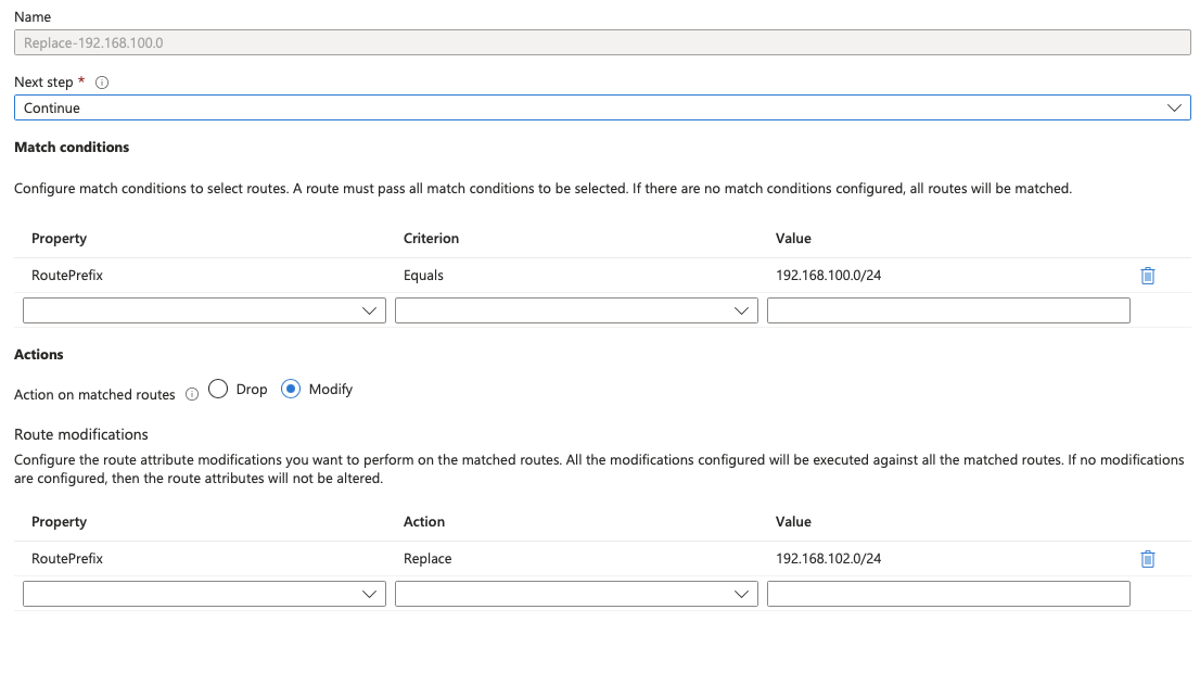 Azure portal Route Map rule using RoutePrefix Equals 192.168.100.0/24 and RoutePrefix Replace 192.168.102.0/24