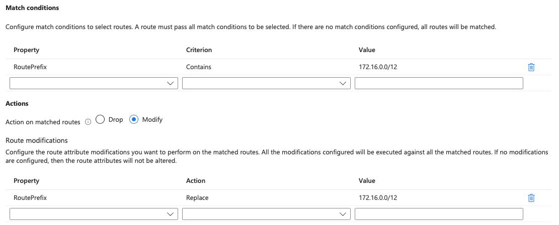 Azure portal Route Map rule using RoutePrefix Contains 172.16.0.0/12 and RoutePrefix Replace 172.16.0.0/12 for summarisation