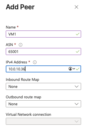 The Add Peer panel in the Azure portal, showing the new Inbound Route Map and Outbound Route Map dropdown fields alongside the usual Name, ASN, and IPv4 Address fields