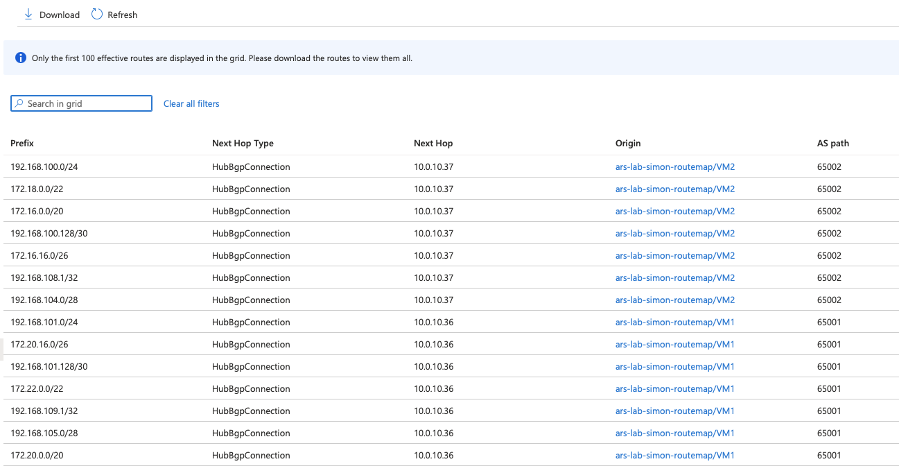 The Effective Routes tab on Azure Route Server, showing all 14 prefixes learned from both BGP peers — VM1 (AS 65001) and VM2 (AS 65002) — with their next hop IPs and AS path