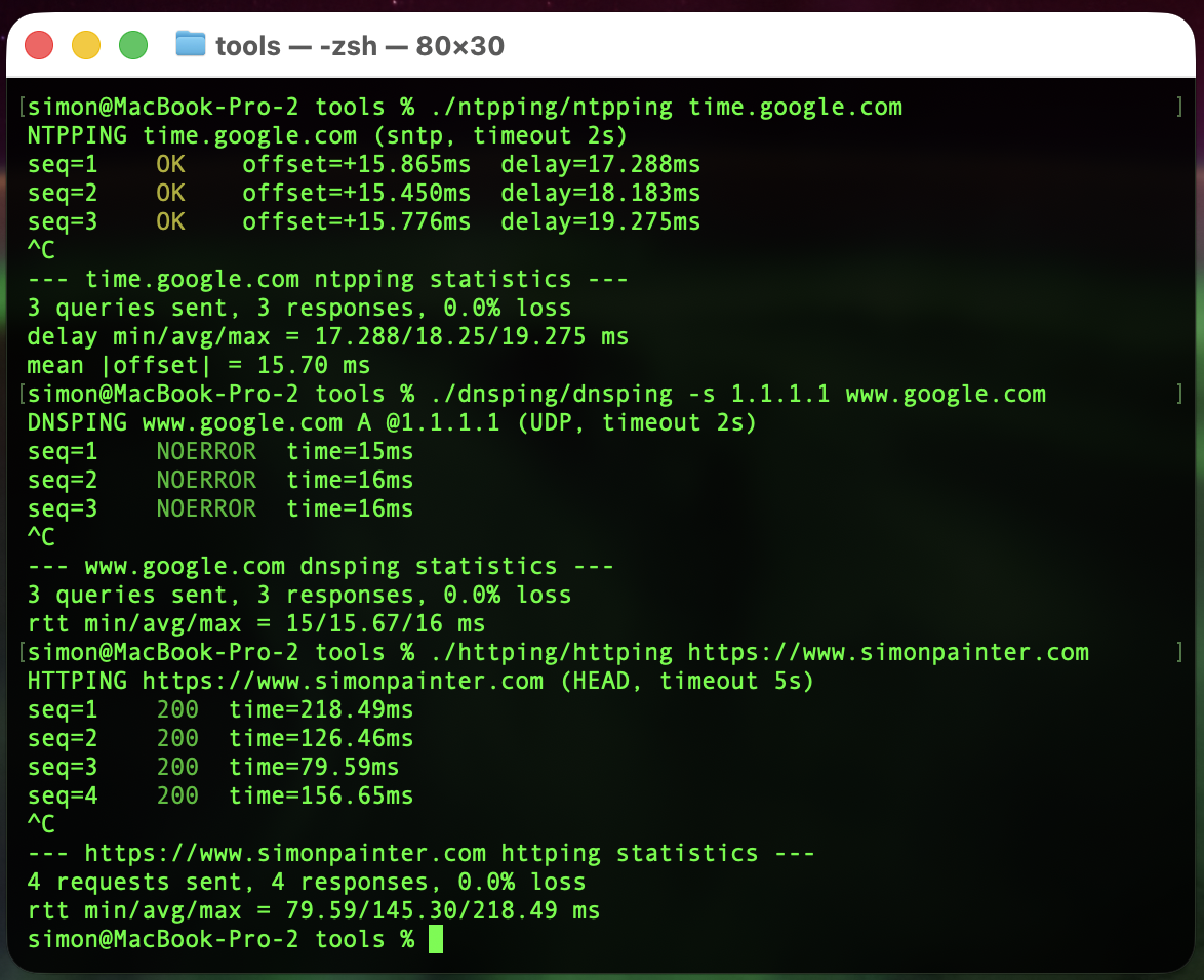 Sample output from ntpping, dnsping and httping