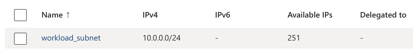 Screen shot of workload subnet with single prefix